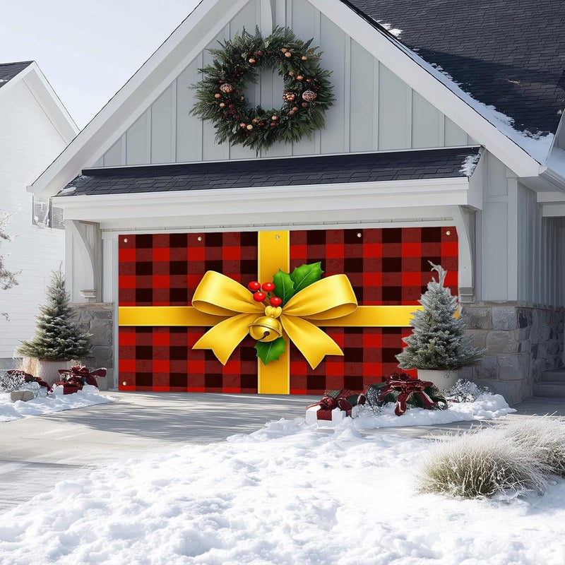 IVN Christmas Garage Door Banner 6x13 ft Buffalo Plaid Gift Wrap with Gold Bow and Bells Backdrop Decorative Holiday Christmas Garage Door Cover Mural Winter Scene Photo Backdrop - Image 5